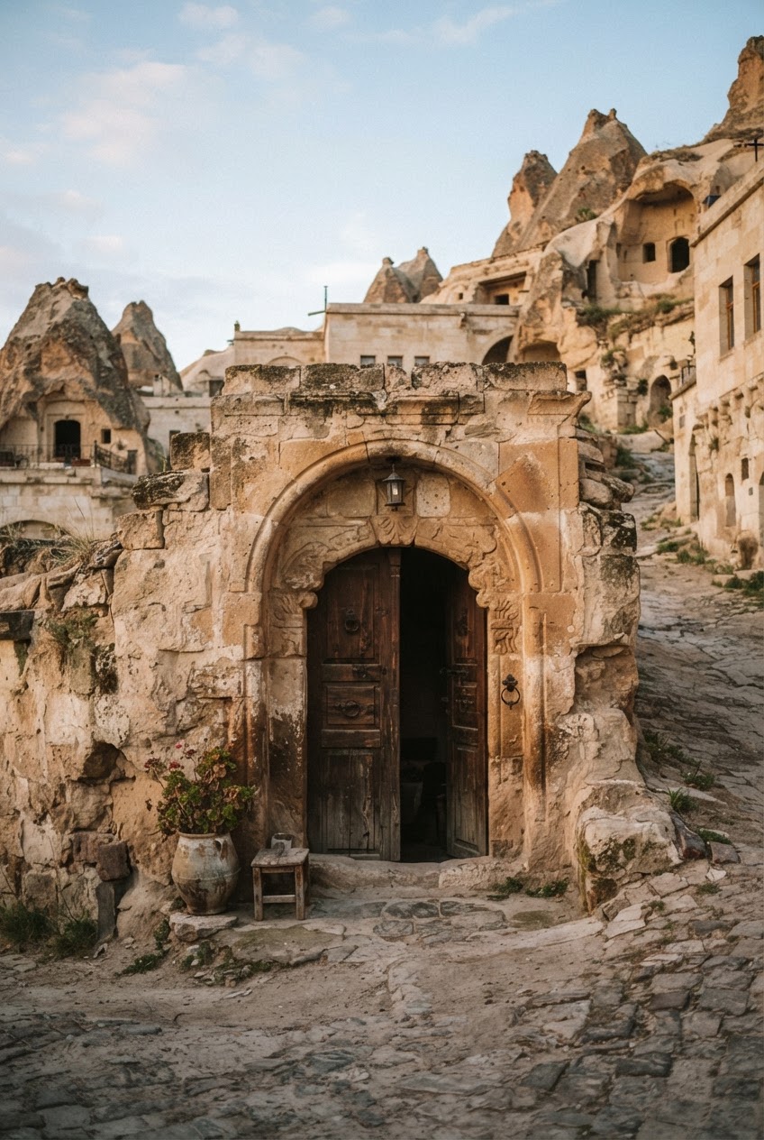 Kapadokya’da taş kemerli kapı, sabah ışığı